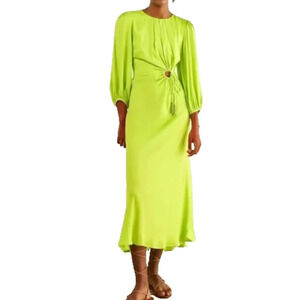 B0 Auth FARM Rio Lime Viscose Circle Cut Out Beaded Tassels Midi Dress Size XS